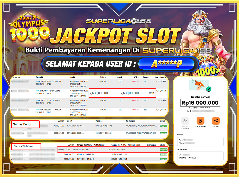 SUPERLIGA168 JACKPOT GATES OF OLYMPUS 1000 Rp.16,000,000LUNASS